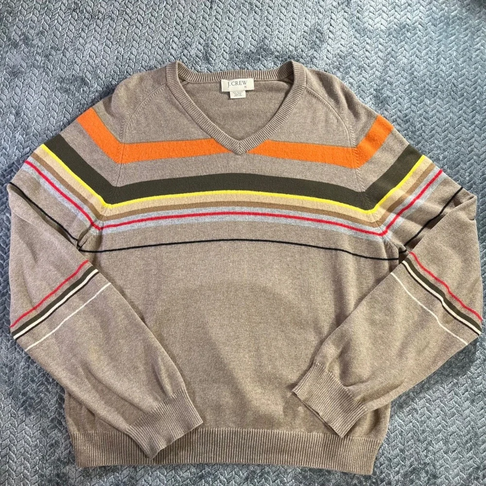 J Crew Men's V Neck Striped Sweater XL‎ Cotton Wool Blend Taupe Orange